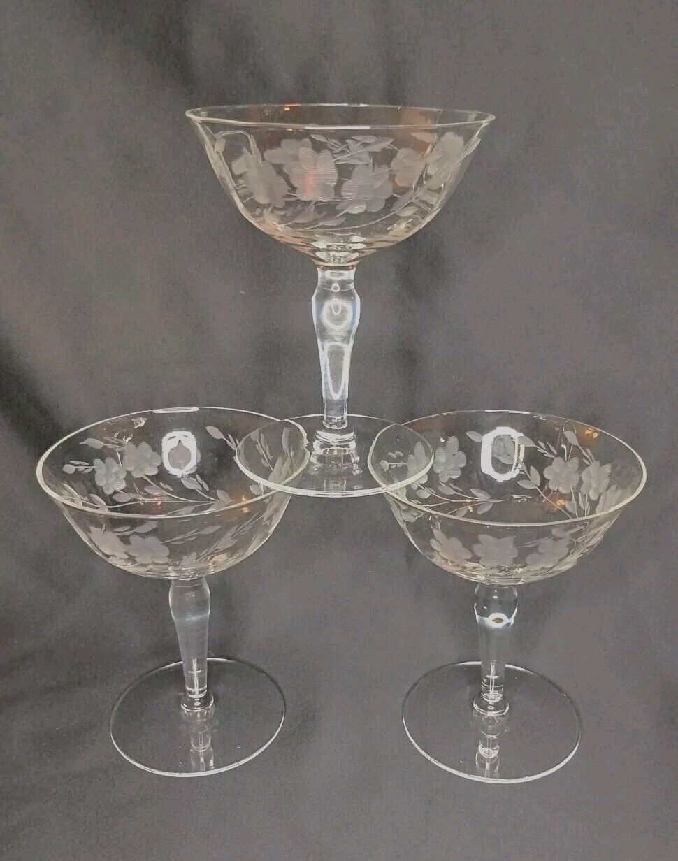 3 Vintage Champagne / Wine Glass Etched Stemware Flower & Leaves Elegant Crystal