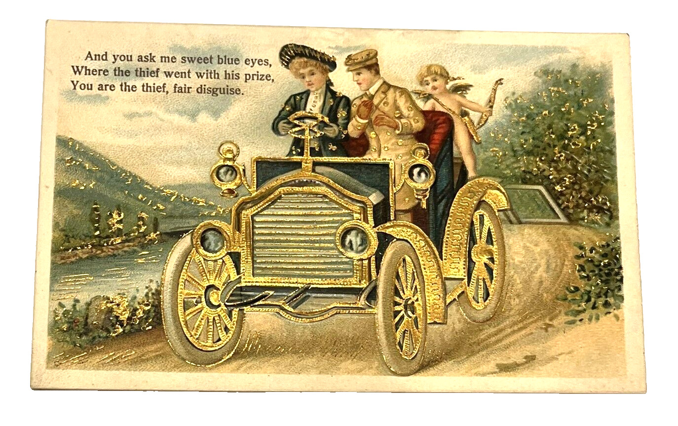 Antique Postcard Valentine Love Romance Old Car Cupid Gold Gilt Embossed