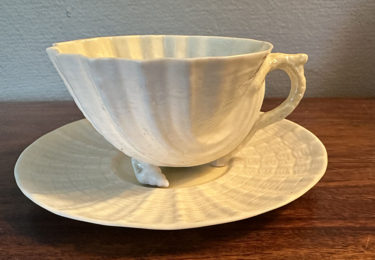 1946-1955 Belleek Porcelain Neptune White Footed Cup & Saucer Set 4th Mk 3rd Mar