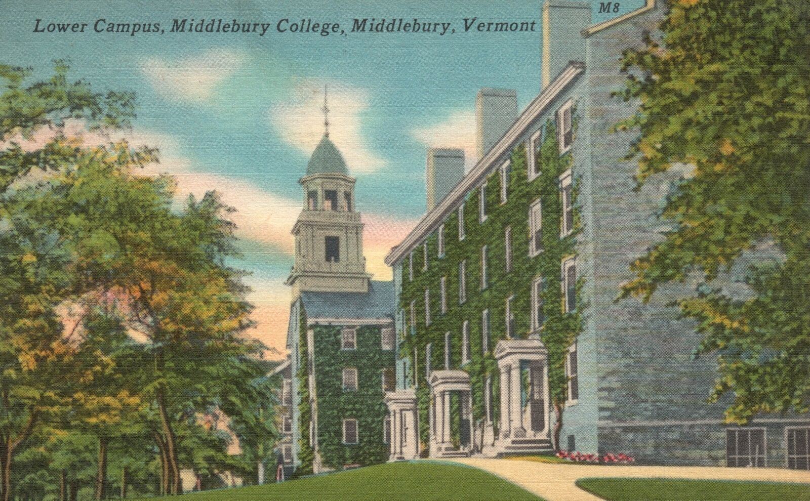 Vintage Postcard 1956 Lower Campus Middlebury College School Building Vermont VT