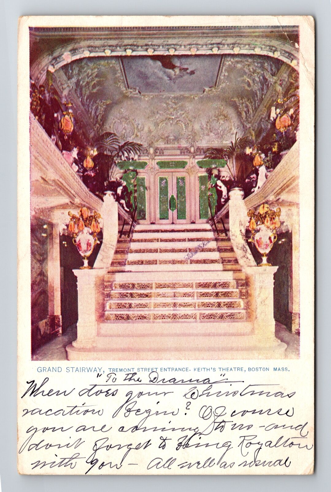 Boston MA-Massachusetts, Grand Stairway Keith's Theatre, Vintage c1904 Postcard