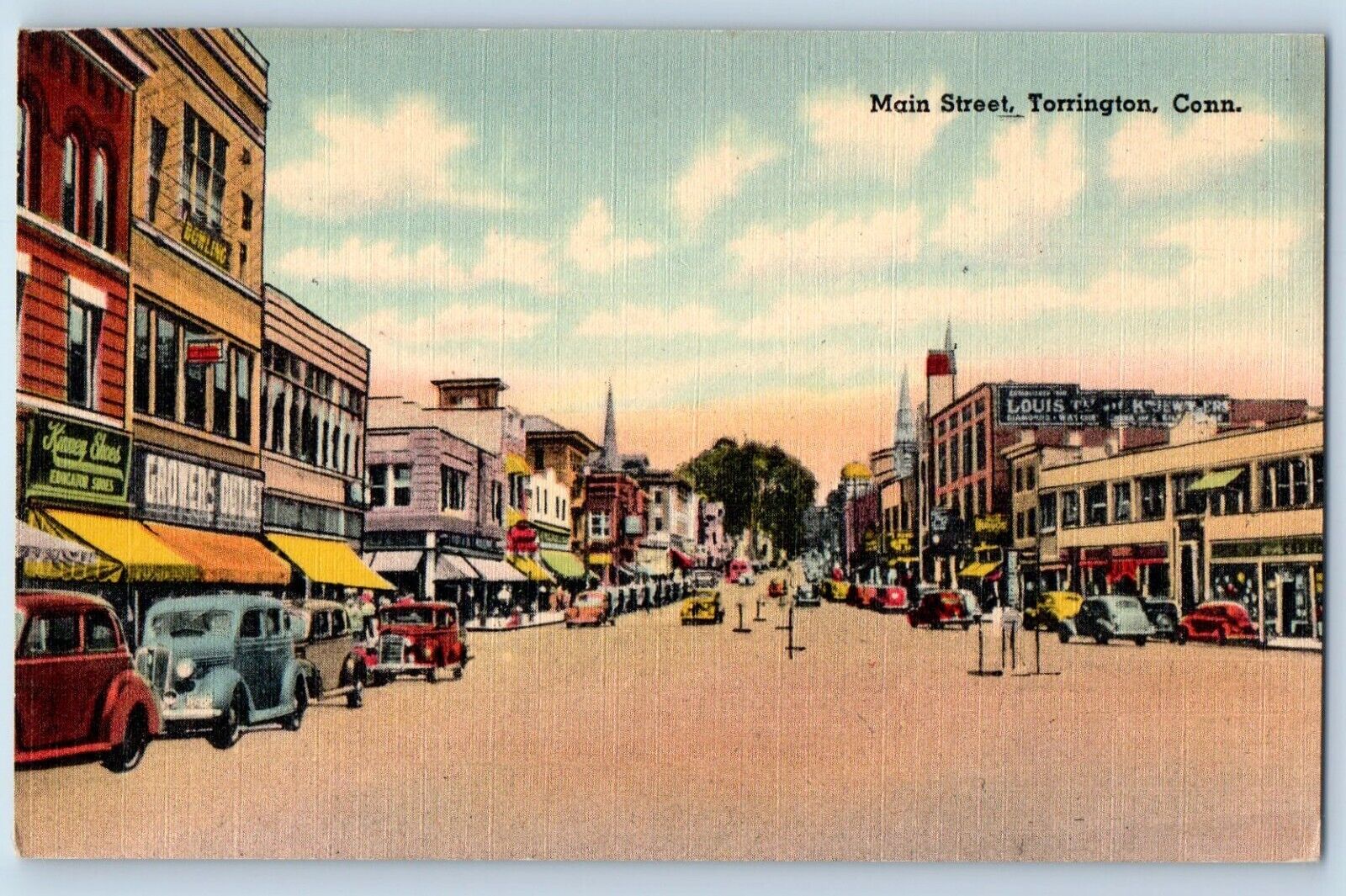 Torrington Connecticut Postcard Main Street Classic Cars Buildings 1940 Unposted