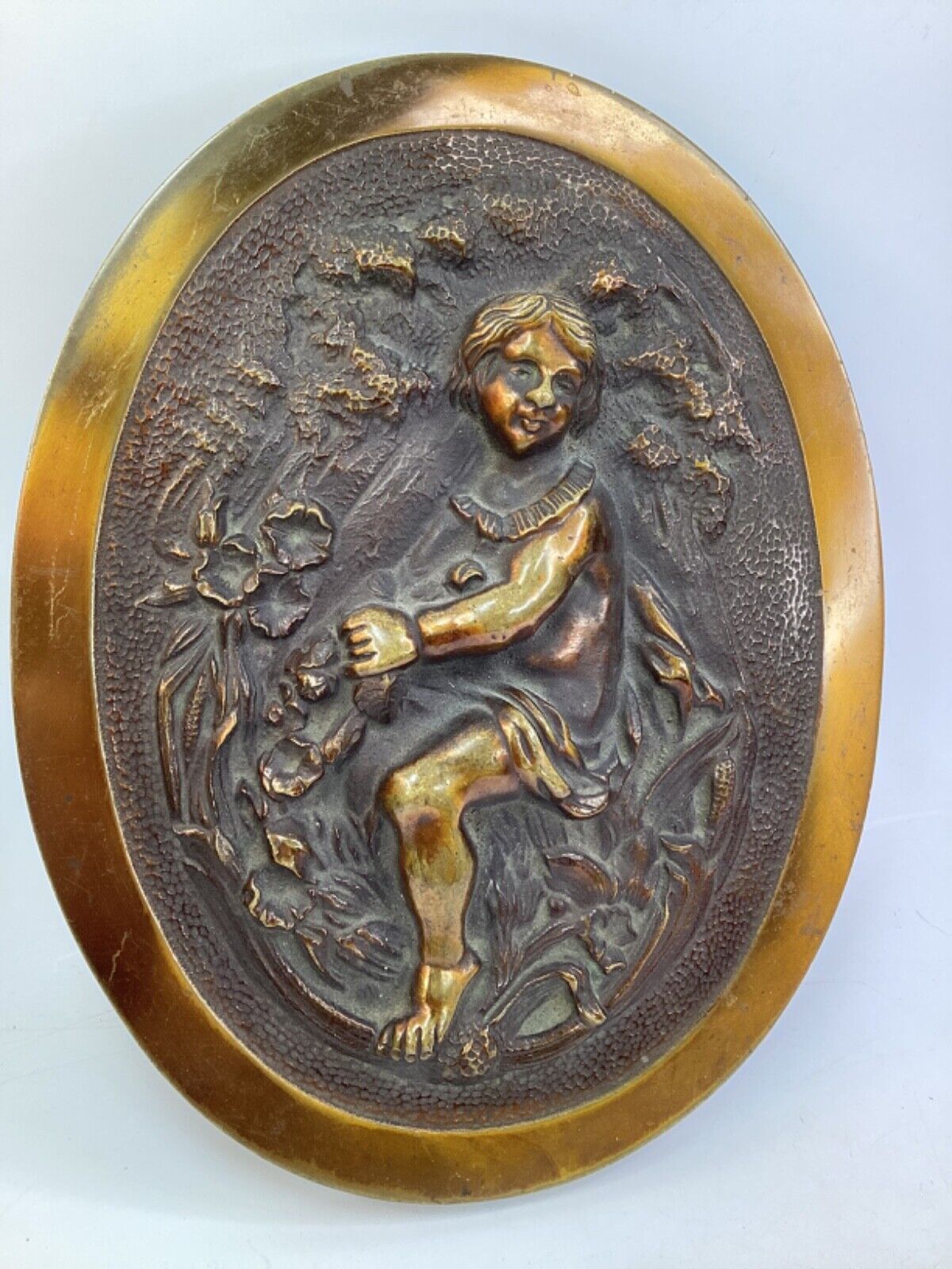 12” Antique French Bronze Bas-Relief Maiden Medallion Panel c. 1910 (K3)