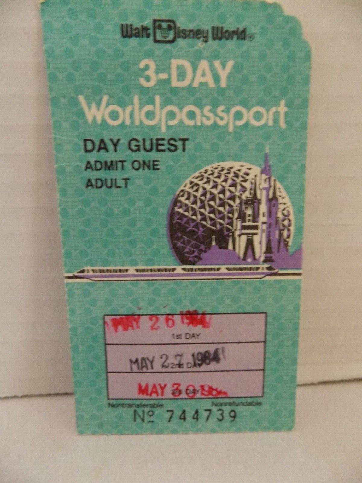 Walt Disney World 3 Day Worldpassport 1984 Day Guest Adult Ticket Stub
