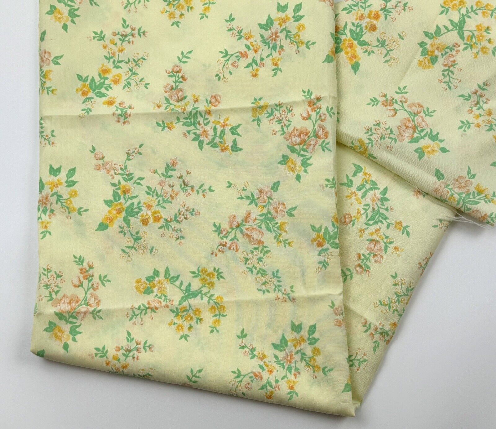 Vtg Textured Poly Fabric Lightweight Yellow Floral 4+ Yards 2 Panels Cottage