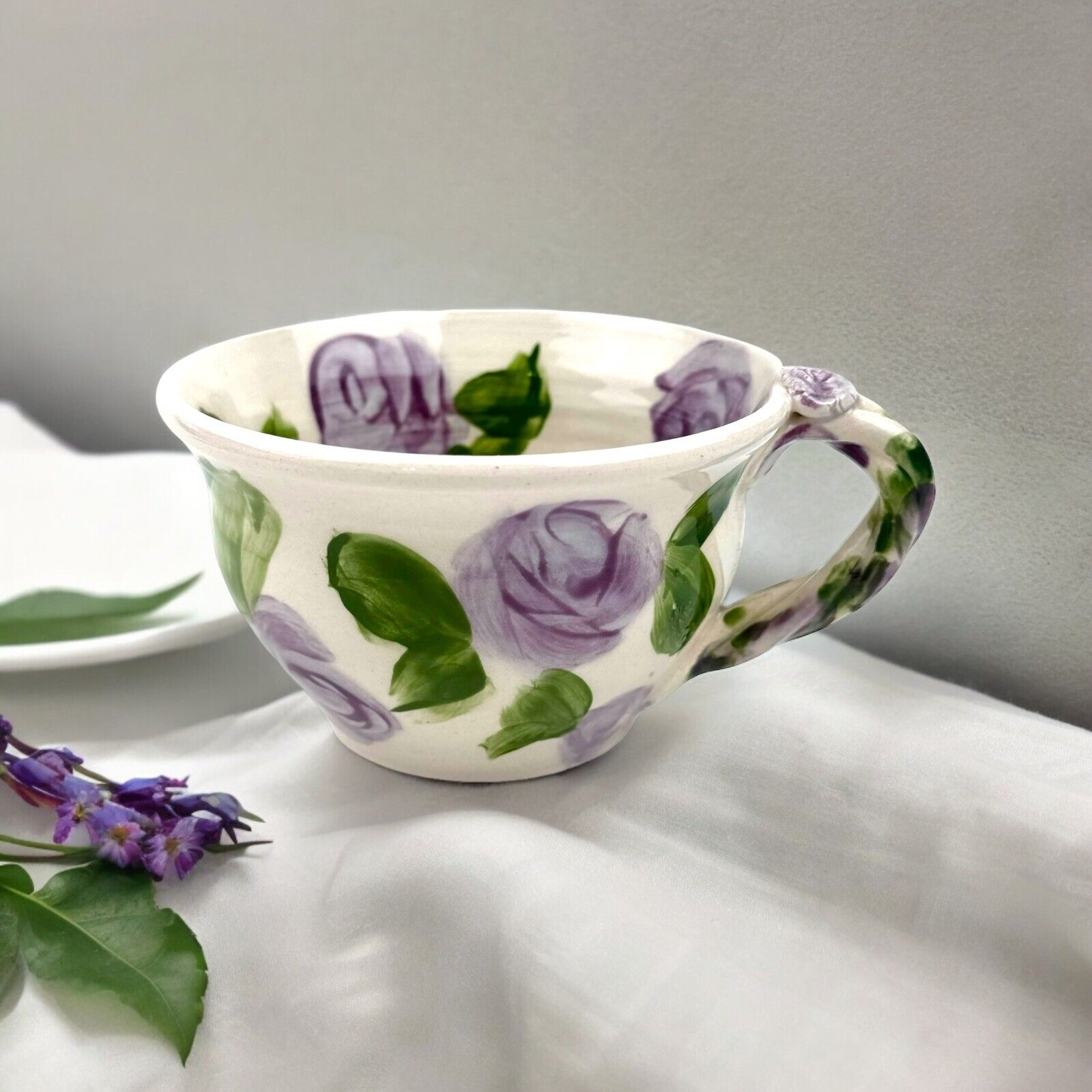Anthropologie Style Floral Hand Painted Ceramic Coffee Mug Purple Roses Signed