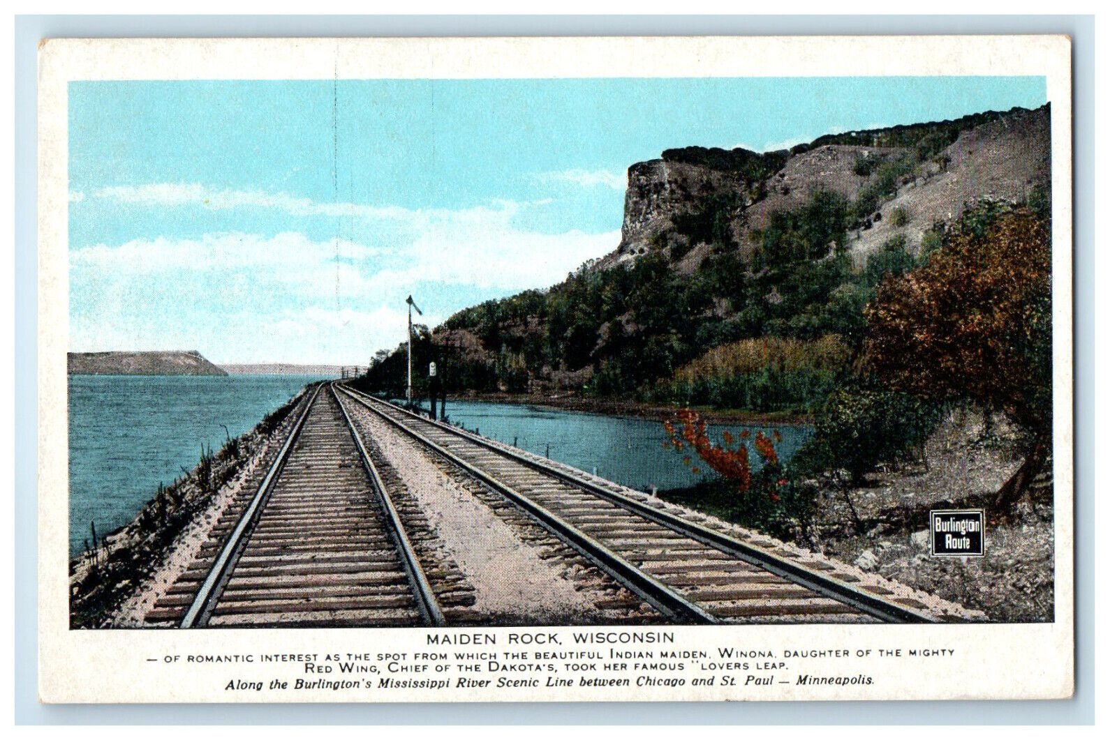c1930s Red Wing, Lovers Leap, Railroad Scene, Maiden Rock Wisconsin WI Postcard