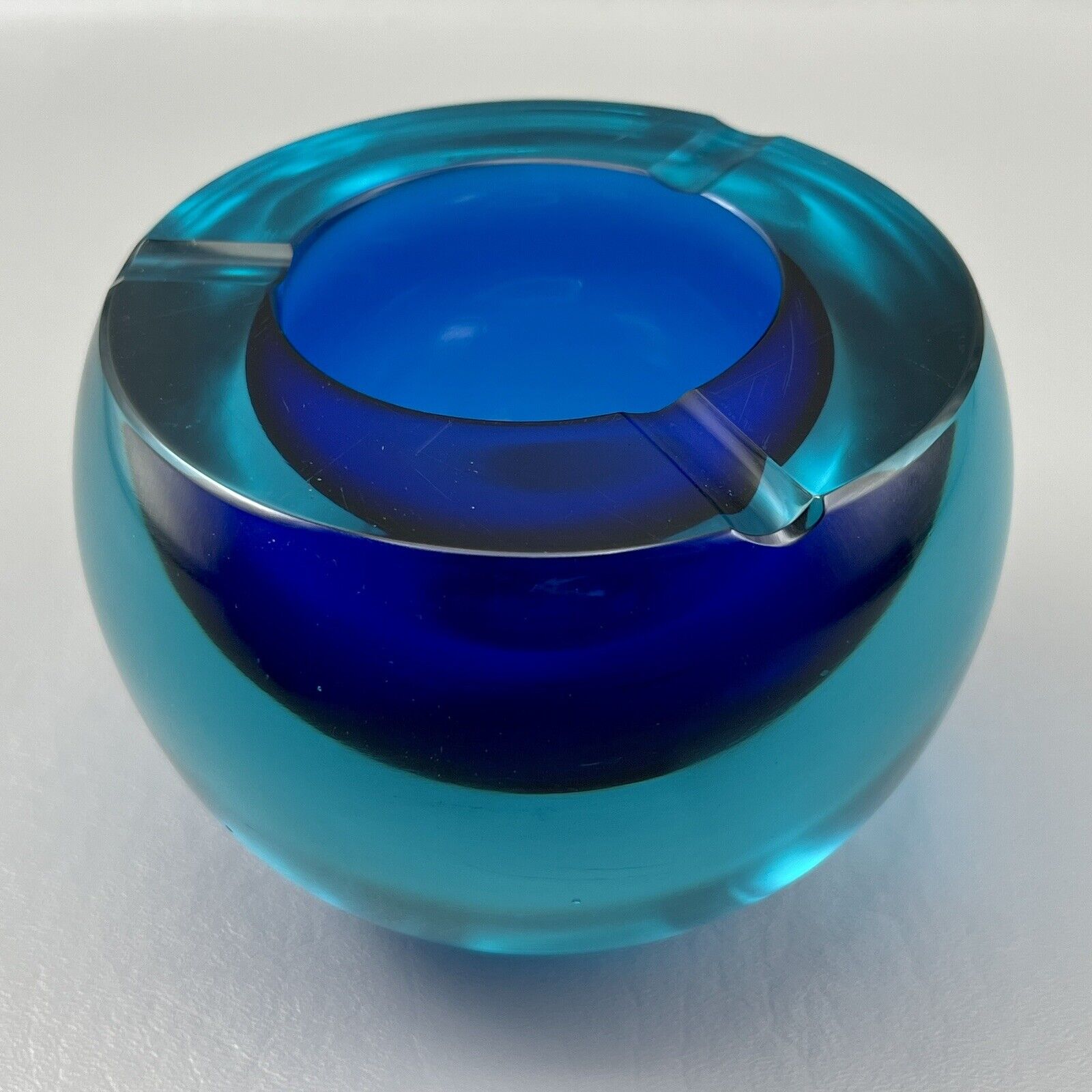 Vintage Large Murano Sommerso Orb Art Glass Ashtray Blue Aqua 3 Slot Heavy