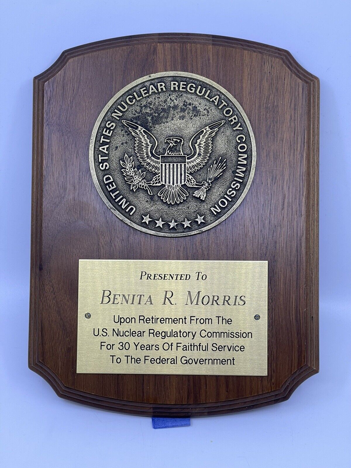 USNRC US Nuclear Regulatory Commission 30 Year Retirement Plaque Benita Morris