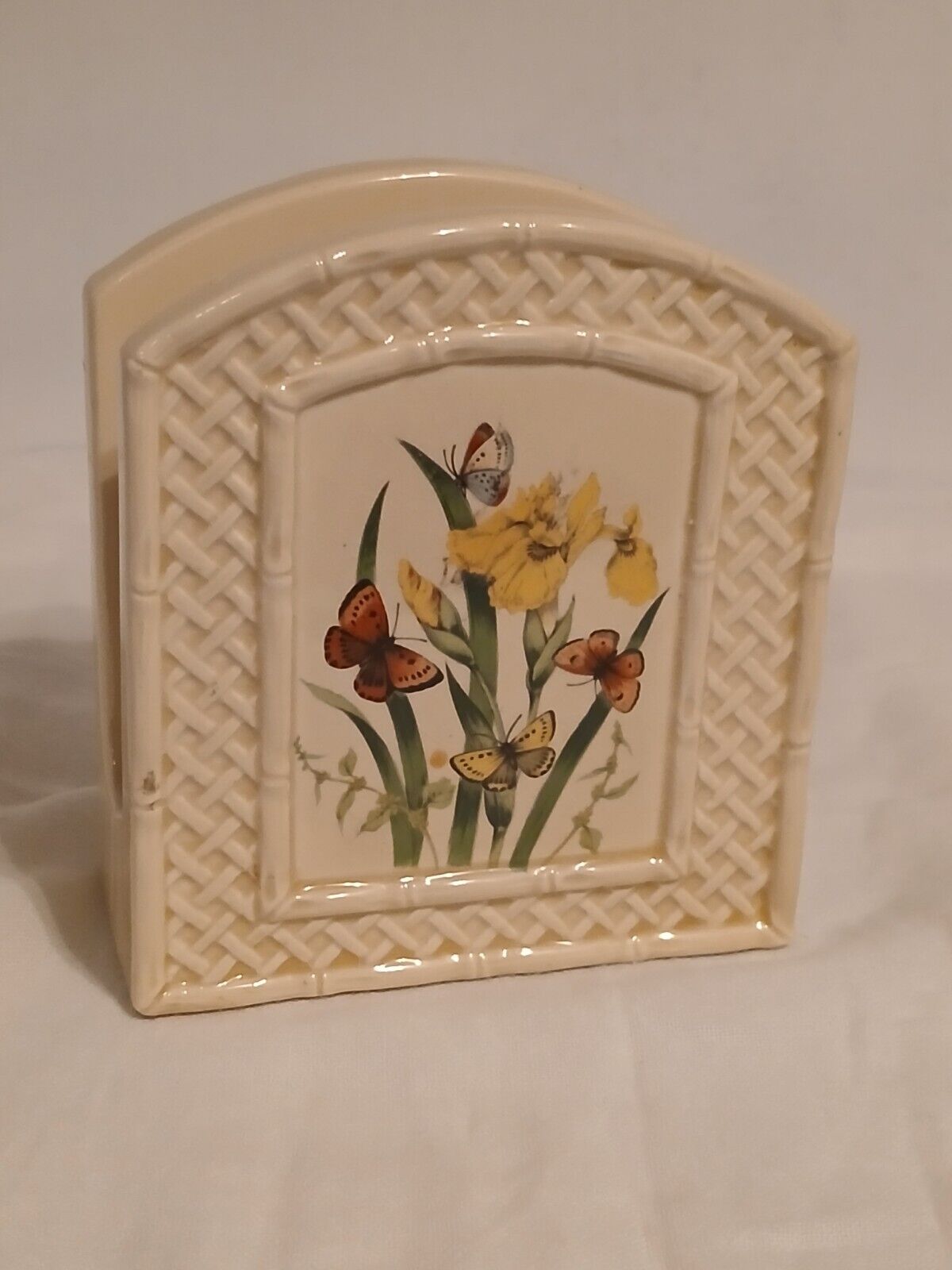 1978 Butterfly Gardens Trellis Enesco Ceramic Napkin Holder Flawless