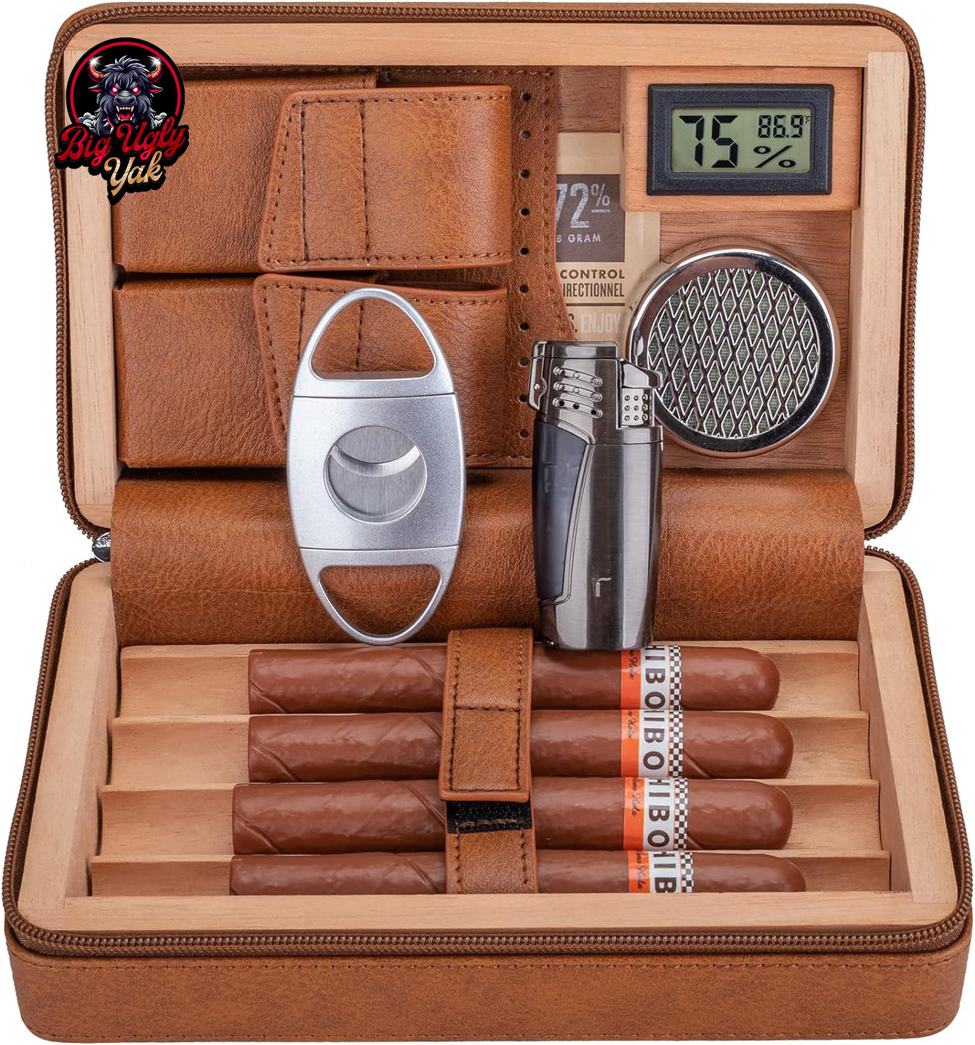 Premium Handmade Leather Cigar Travel Humidor Set – Complete with Cigar Lighter,