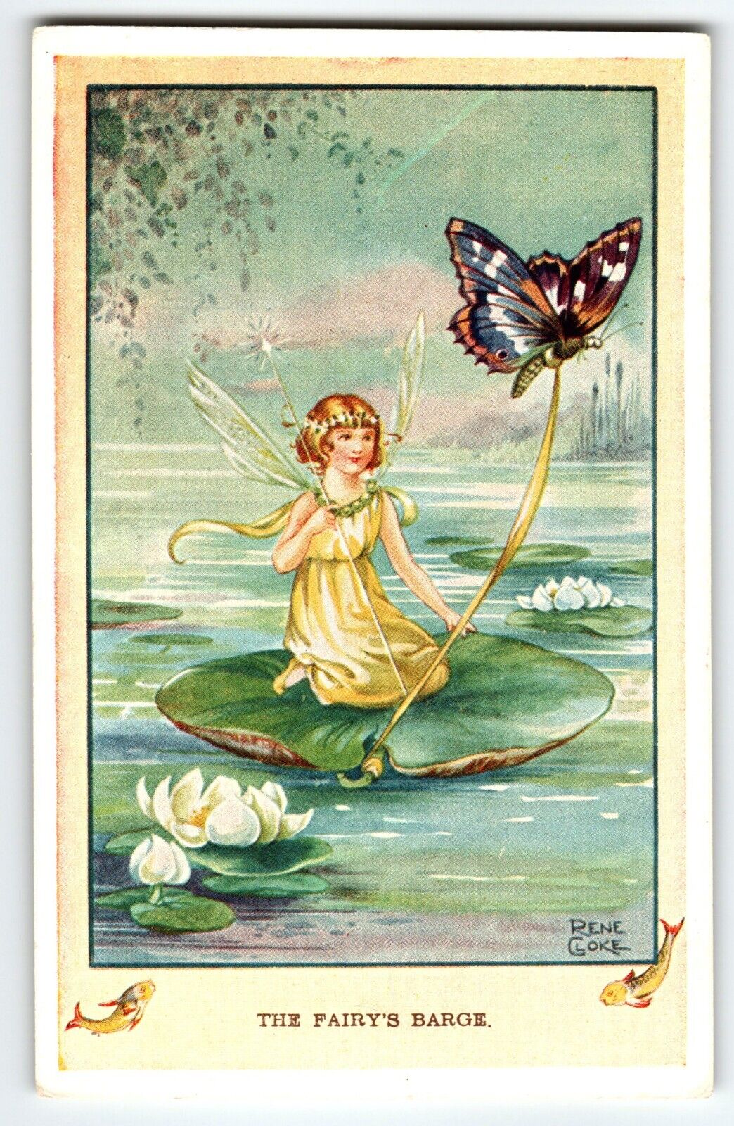 Fairies Postcard Sprite Wand Barge Butterfly Fantasy Rene Cloke Valentine & Sons