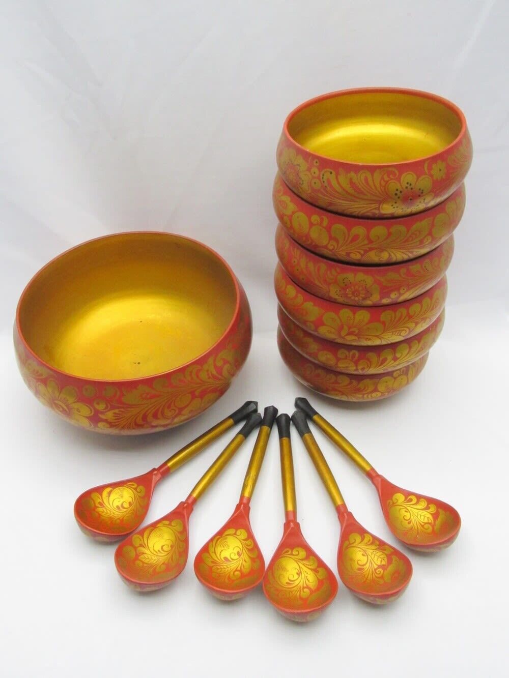 Vintage Hohloma Soviet USSR Russian Wooden Hand Painted Flowers Bowls Spoons Set