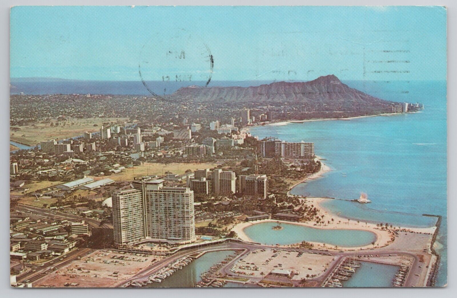 Honolulu Waikiki Beach Aerial View Hawaii HI 1960s Postcard Diamond Head