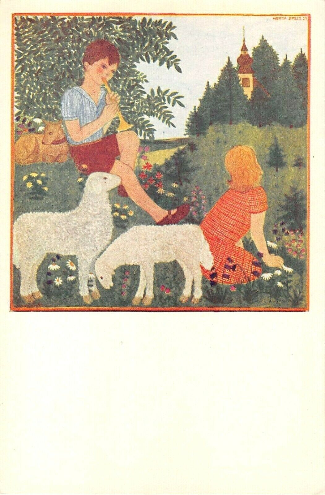 c.1923 sgd. Herta Breit Boy & Girl with Sheep postcard Cizek\'s Vienna Art School