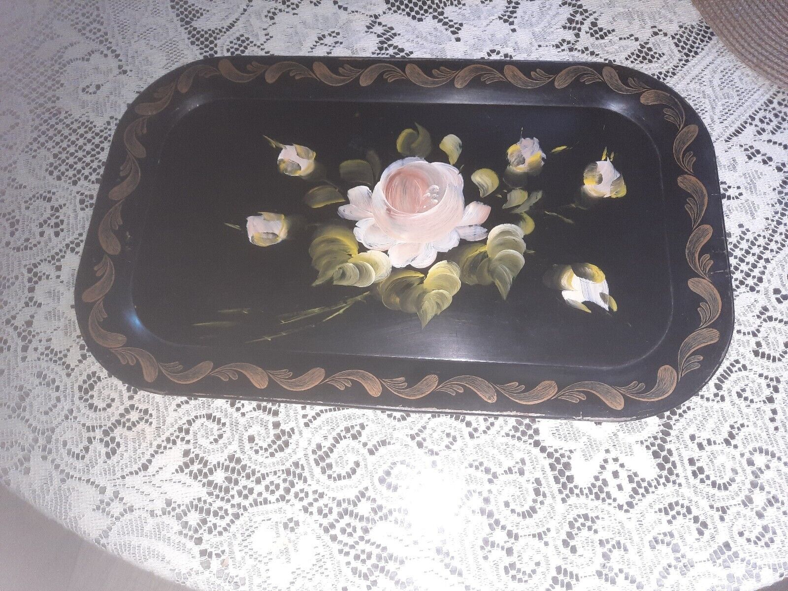 Vintage Metal Serving Tray, Black, Hand painted Pink Flowers, 18\