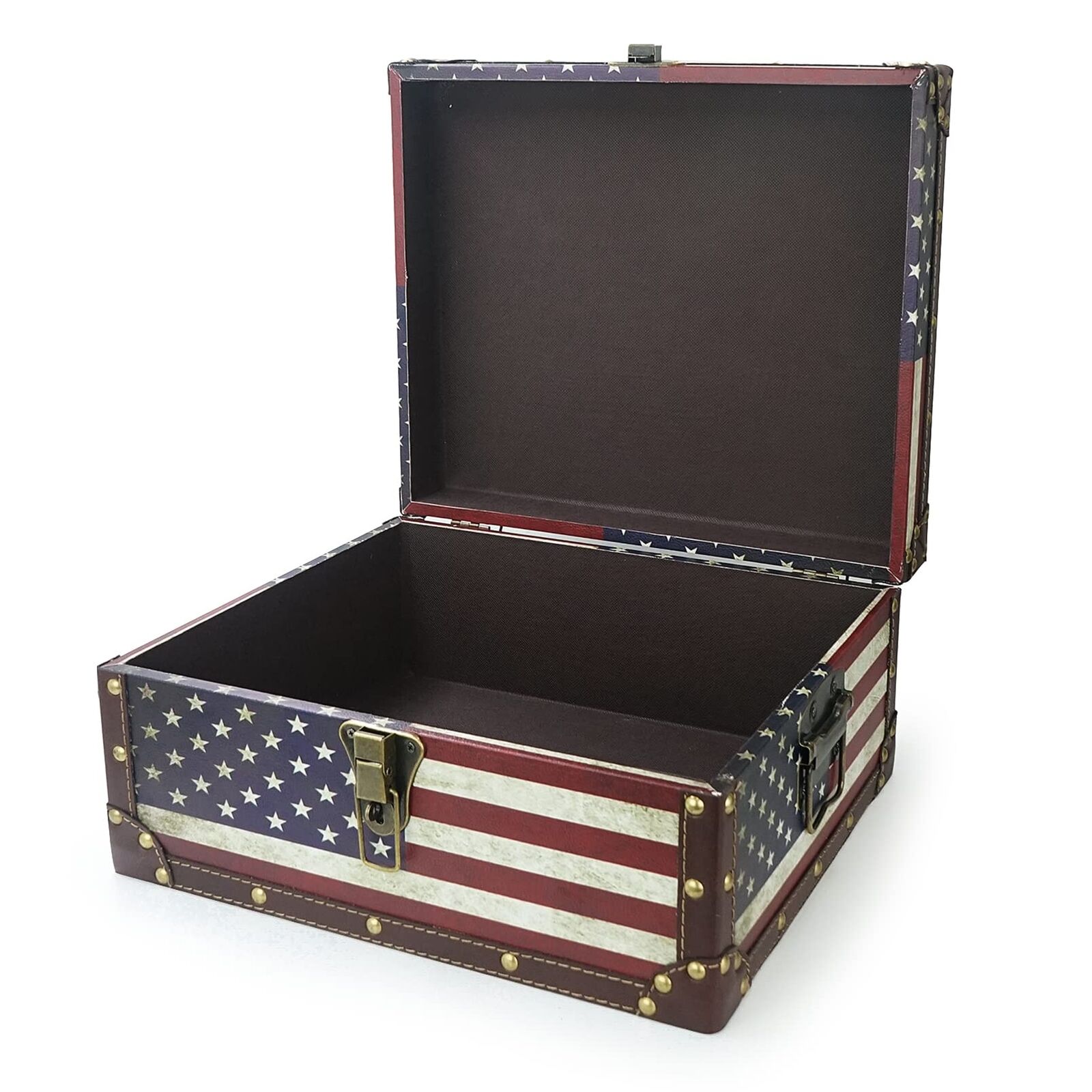 Large Vintage Decorative Storage Trunk - Wooden American Flag Treasure Chest Box
