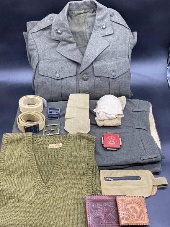 WW2 USMC 1943 Wool Dress Uniform Lot Pants, Jacket, Socks, Tie, Belts NAMED