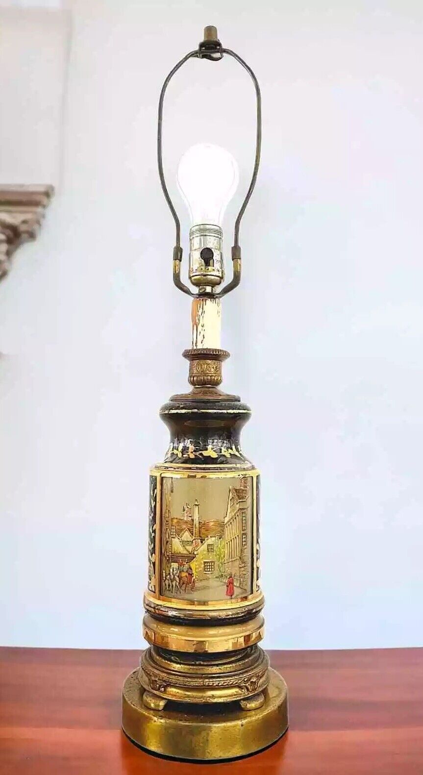 Vintage Early Mid Century Table Lamp With Village scene
