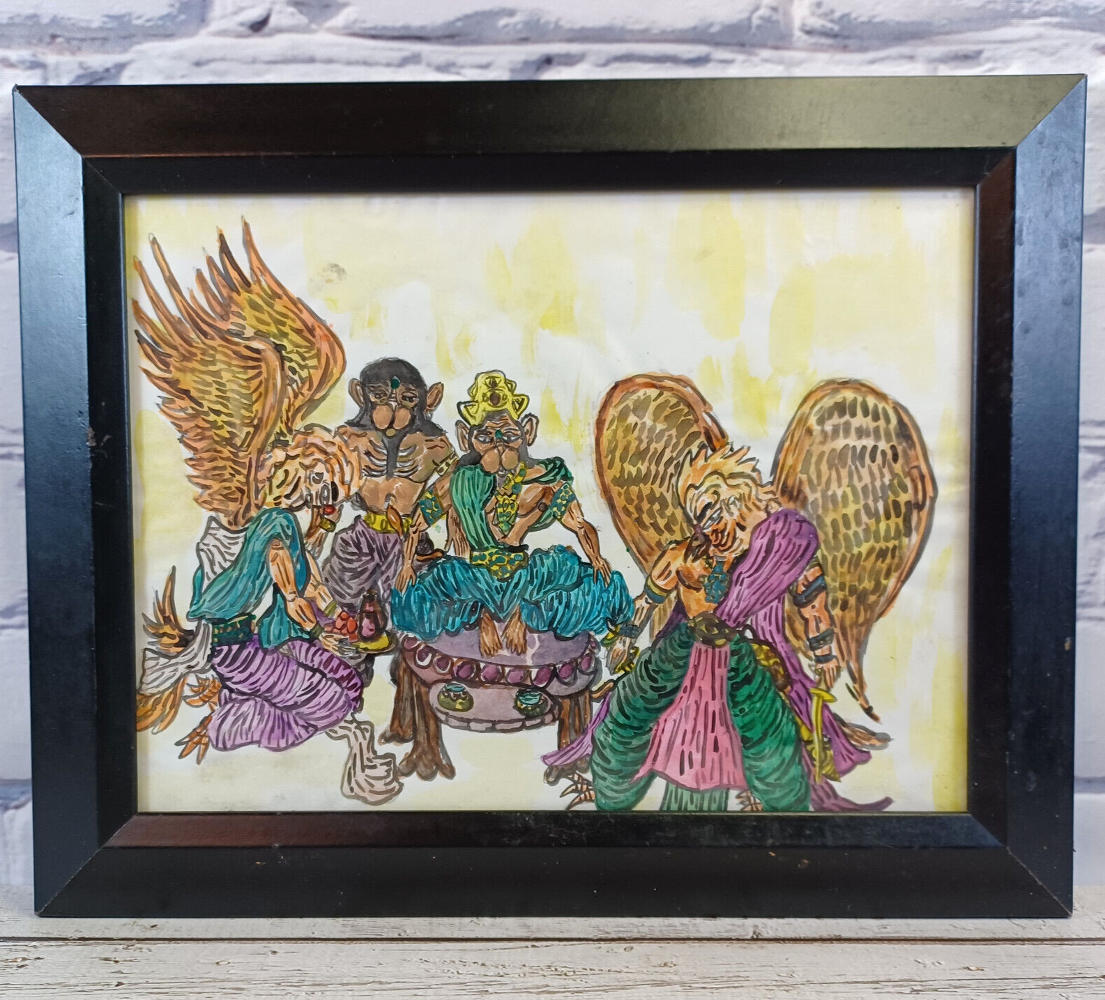 Bird & Monkey Lords Anthropomorphic Water Color Painting Framed Unknown Artist