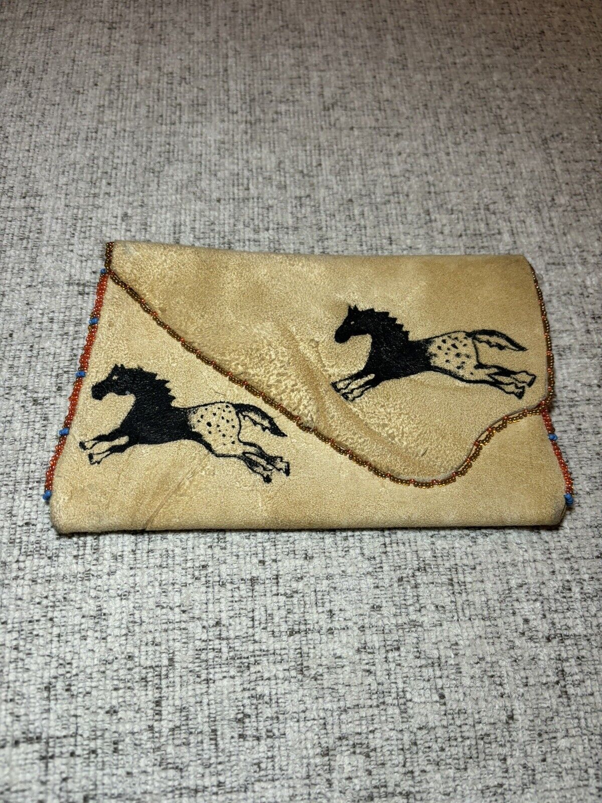 Vintage Rare Native American Suede/beaded Clutch Hand painted With Horses