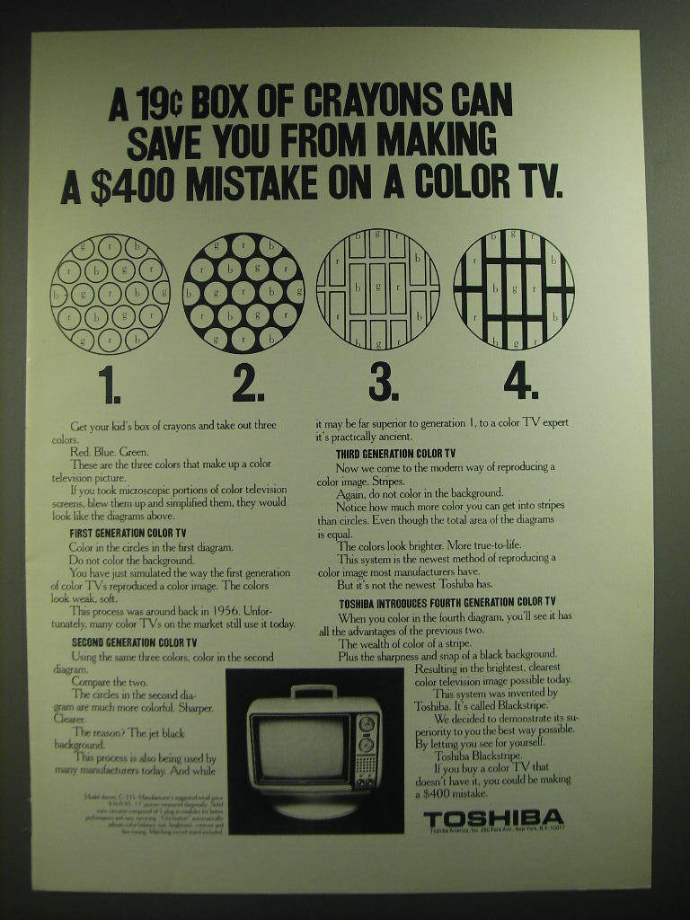1974 Toshiba Model C-335 Television Ad - A 19¢ box of crayons can save you