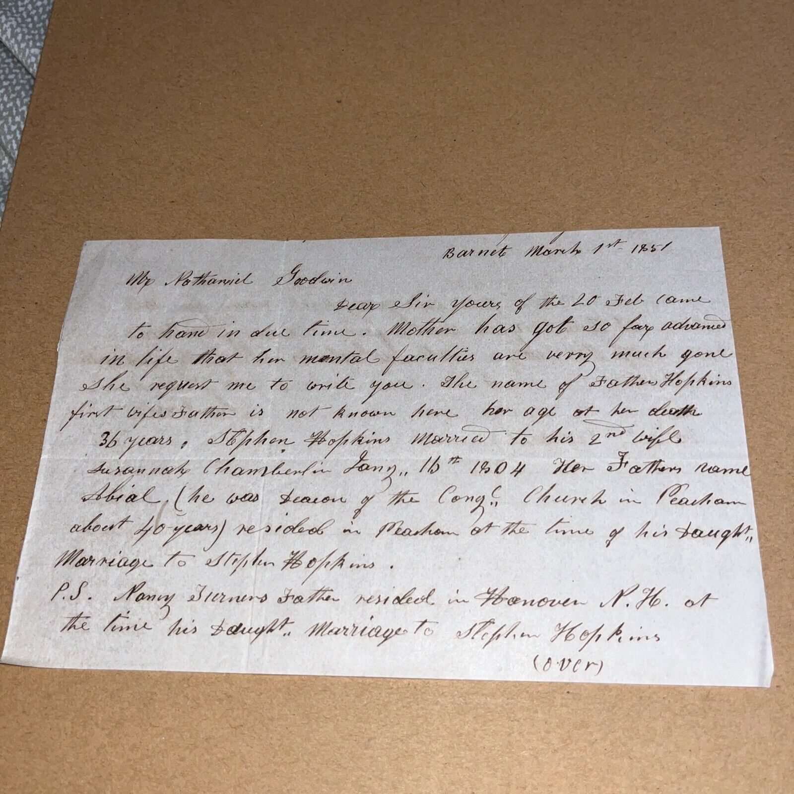 1851 Letter: Abial Chamberlain Genealogy Surveyor of Bayley-Haven Military Road
