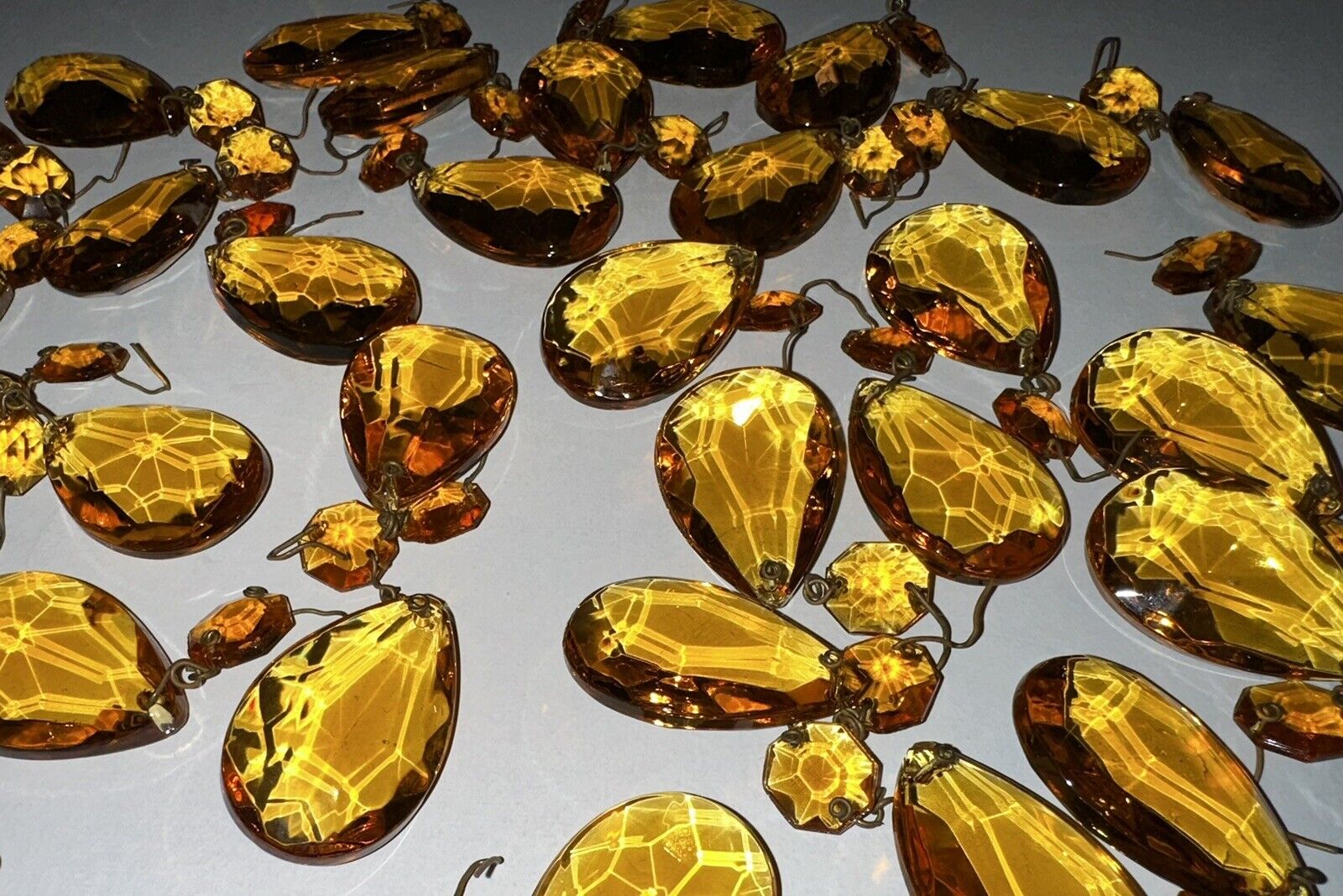Lot of 31 Vintage Amber Glass Pendalogue Prisms 1 1/2\