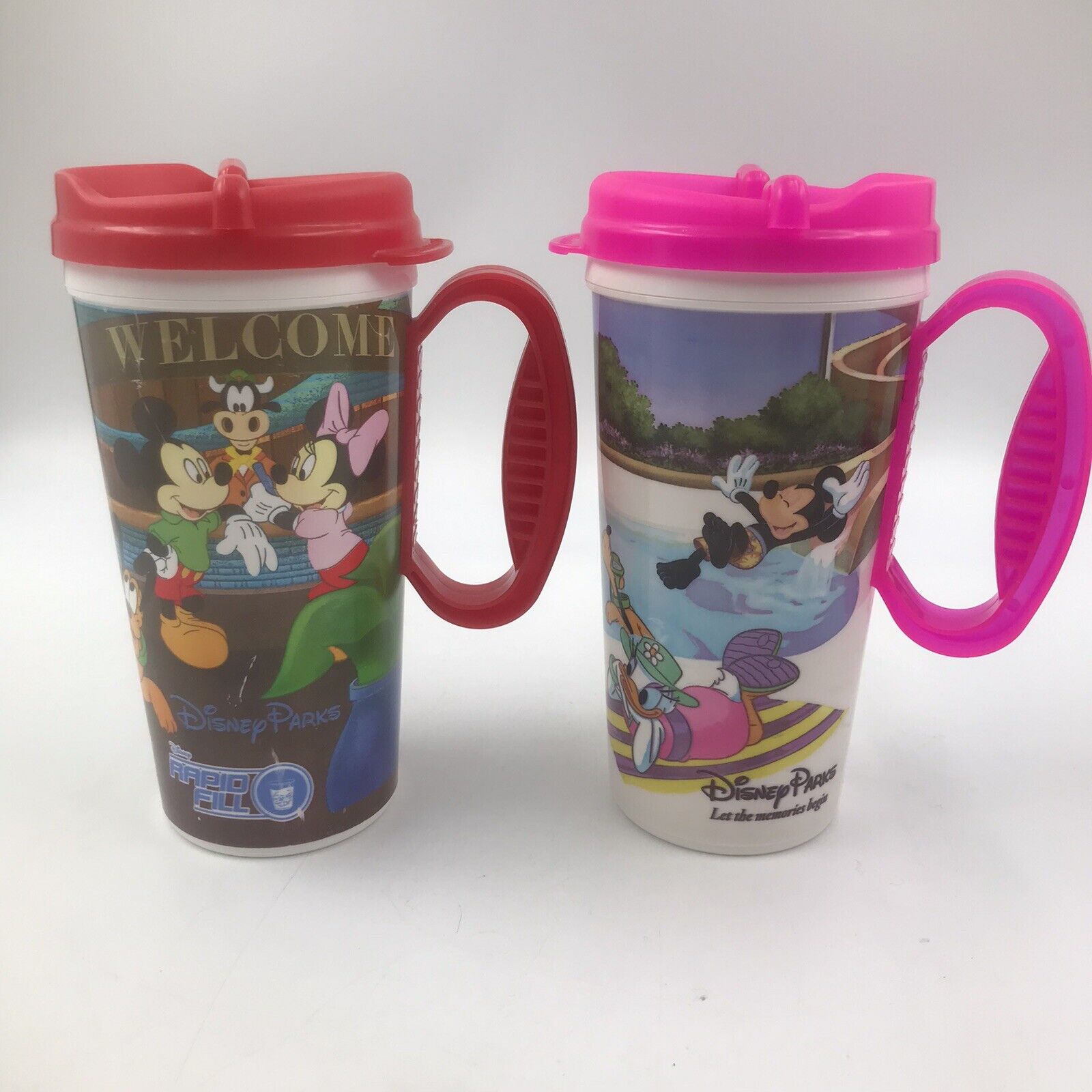 2X Walt Disney Parks Rapid Fill Cups, Mugs Hot / Cold, Pink & Red, Mickey&Donald