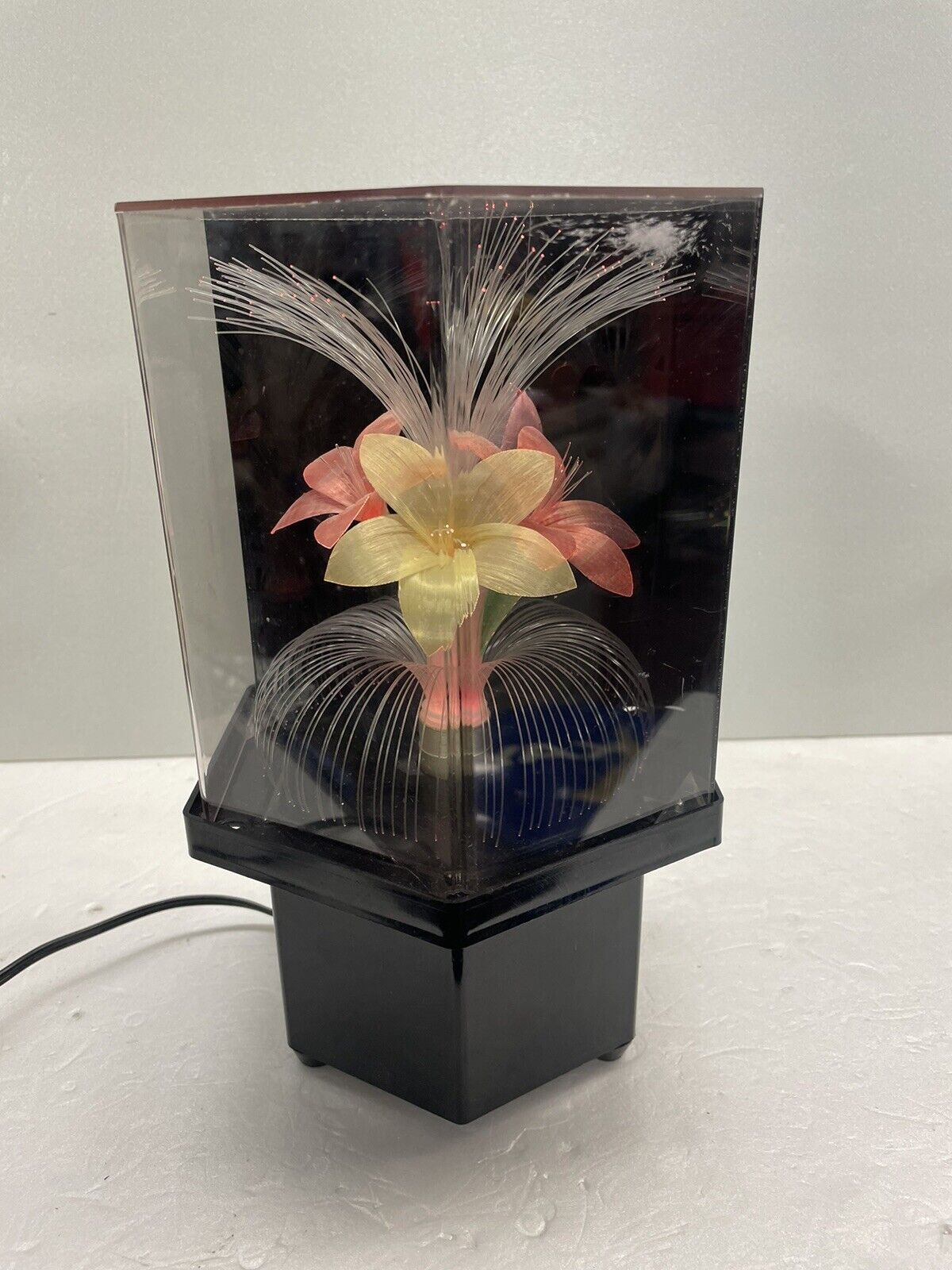 Vintage Fiber Optic Hexagon Rotating Floral Light Lamp Multi Color Flowers