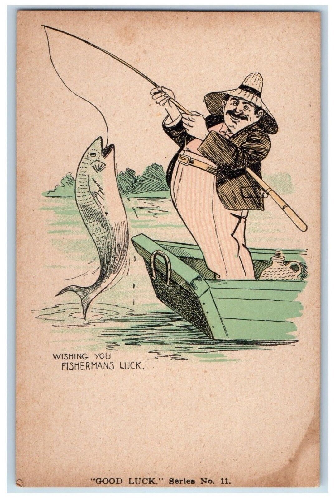 c1910\'s Fat Man Cached Big Fish Wishing You Fishermans Luck Antique Postcard