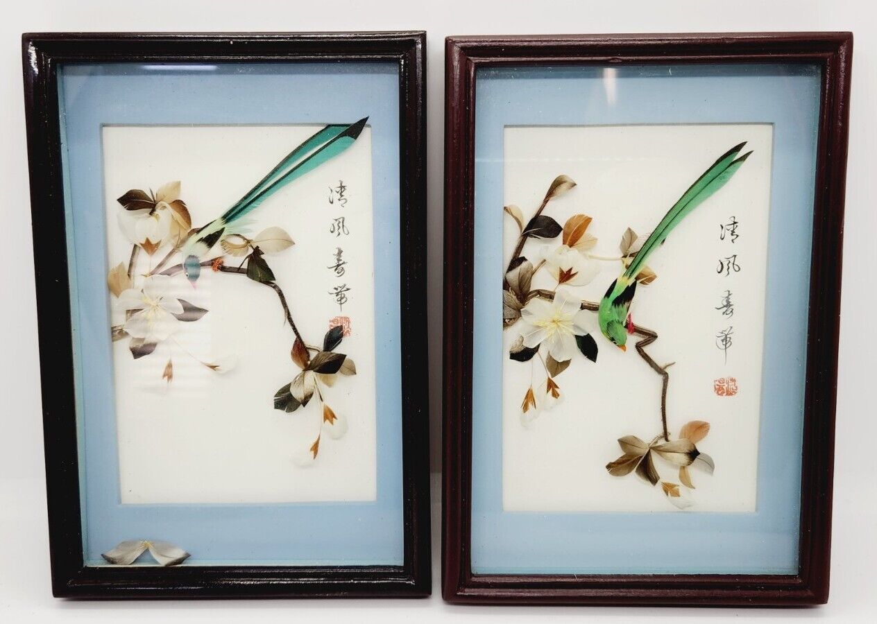 Japanese Shadow Box Art Birds Made In Feathers 2 Pieces 7x5