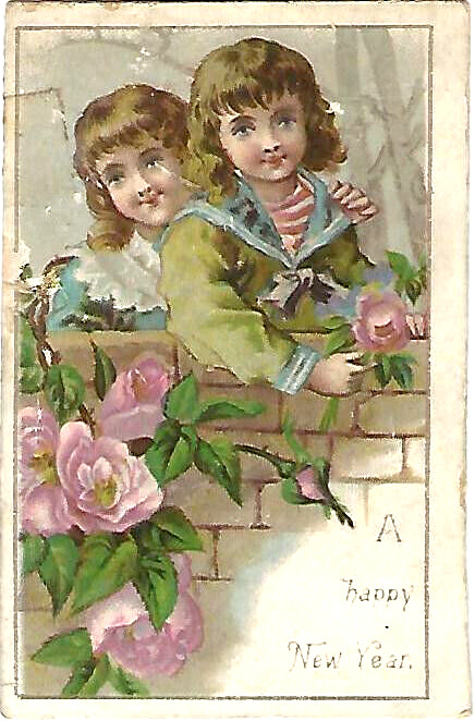 Antique Happy New Year Card Victorian Children Boys Girls Pink Roses Flowers