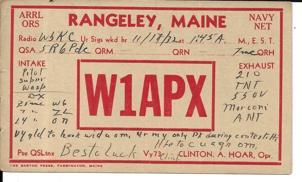QSL 1932 Rangeley Maine  radio card