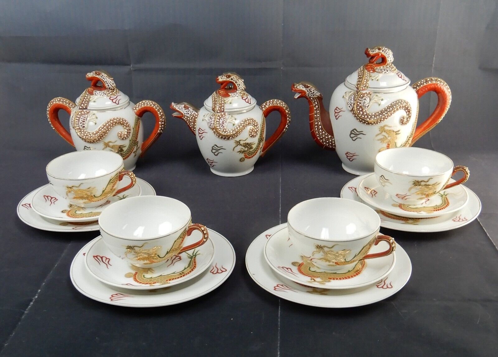 15 Pc. Antique Moriage Kutani Lithophane Dragonware Tea Set Service for 4