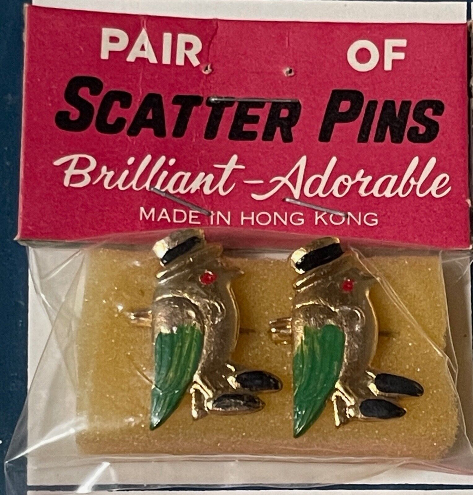 Pair Vintage Pin-Back Birds Scatter Pins Gold Tone Novelty Hong Kong Unopened