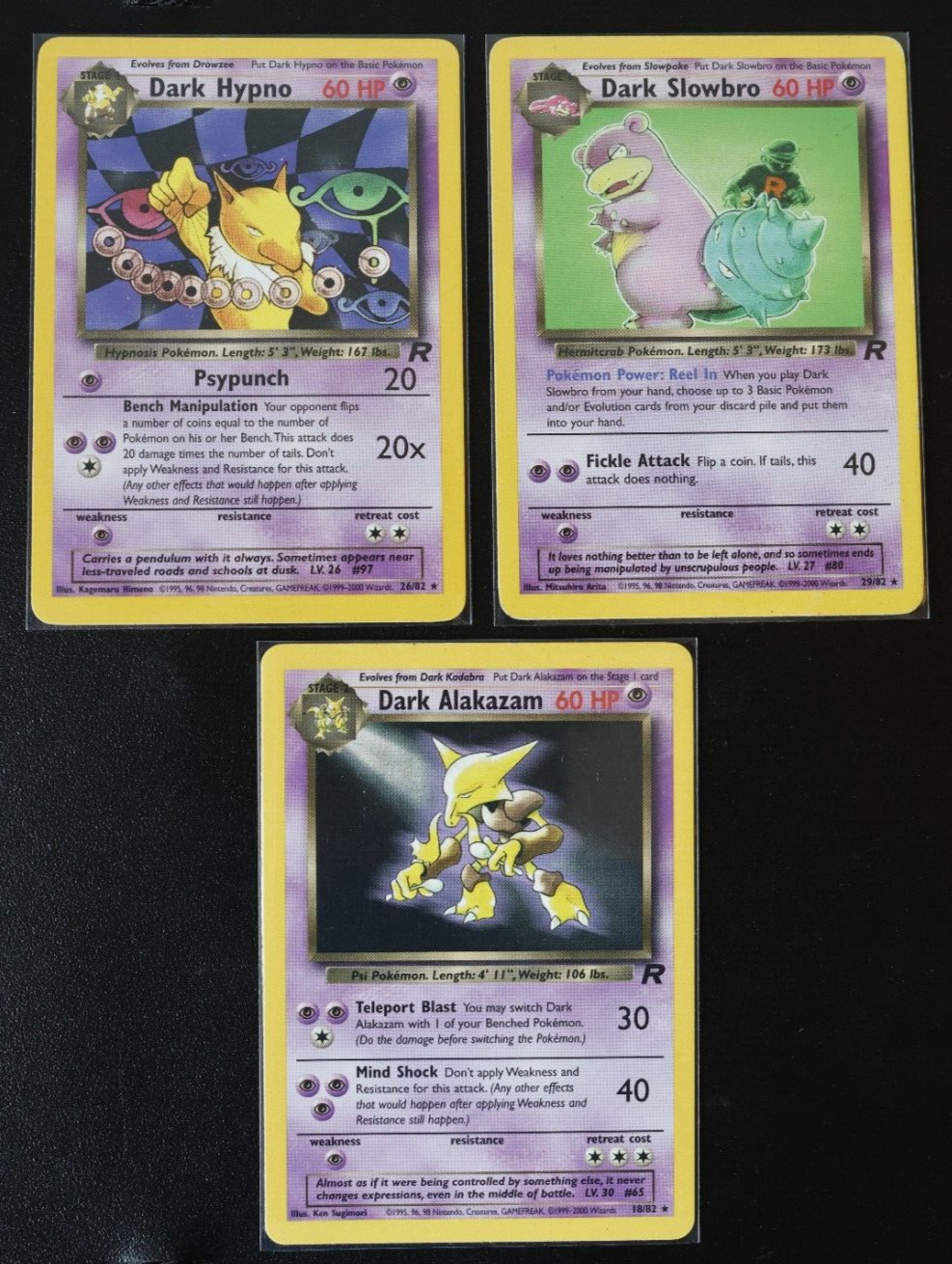 Dark Alakazam, Hypno & Slowbro Non Holo Rare Team Rocket Pokémon Card bundle LP