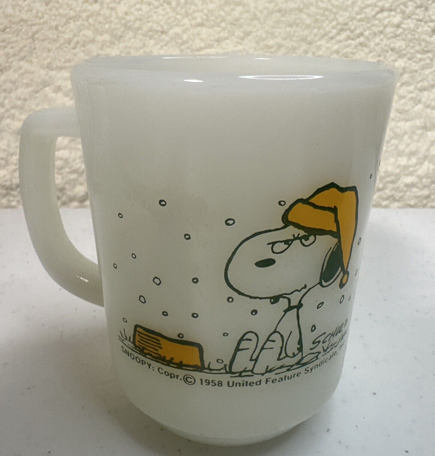 Fire King Snoopy Milk Glass Mug Snow French Toast Peanuts Anchor Hocking Vintage