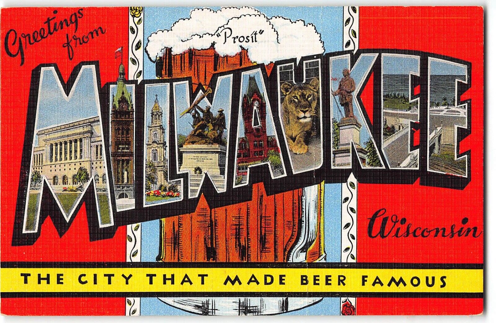 MILWAUKEE, WISCONSIN Large Letter Linen Postcard c1940 - BIg Beer Stein