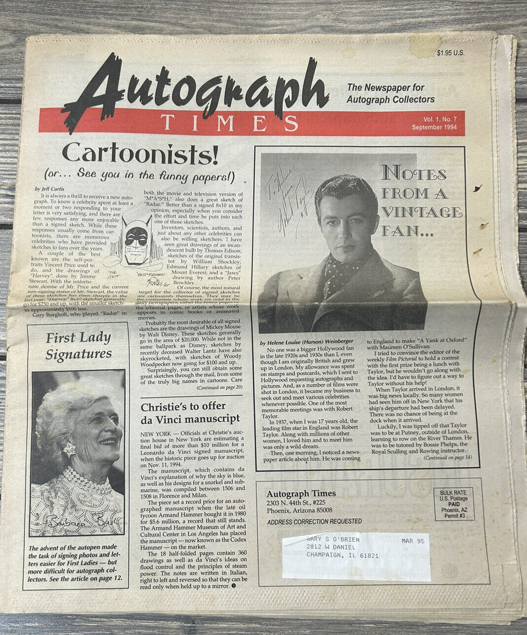 Vintage September 1994 Autograph Times Newspaper Cartoonists