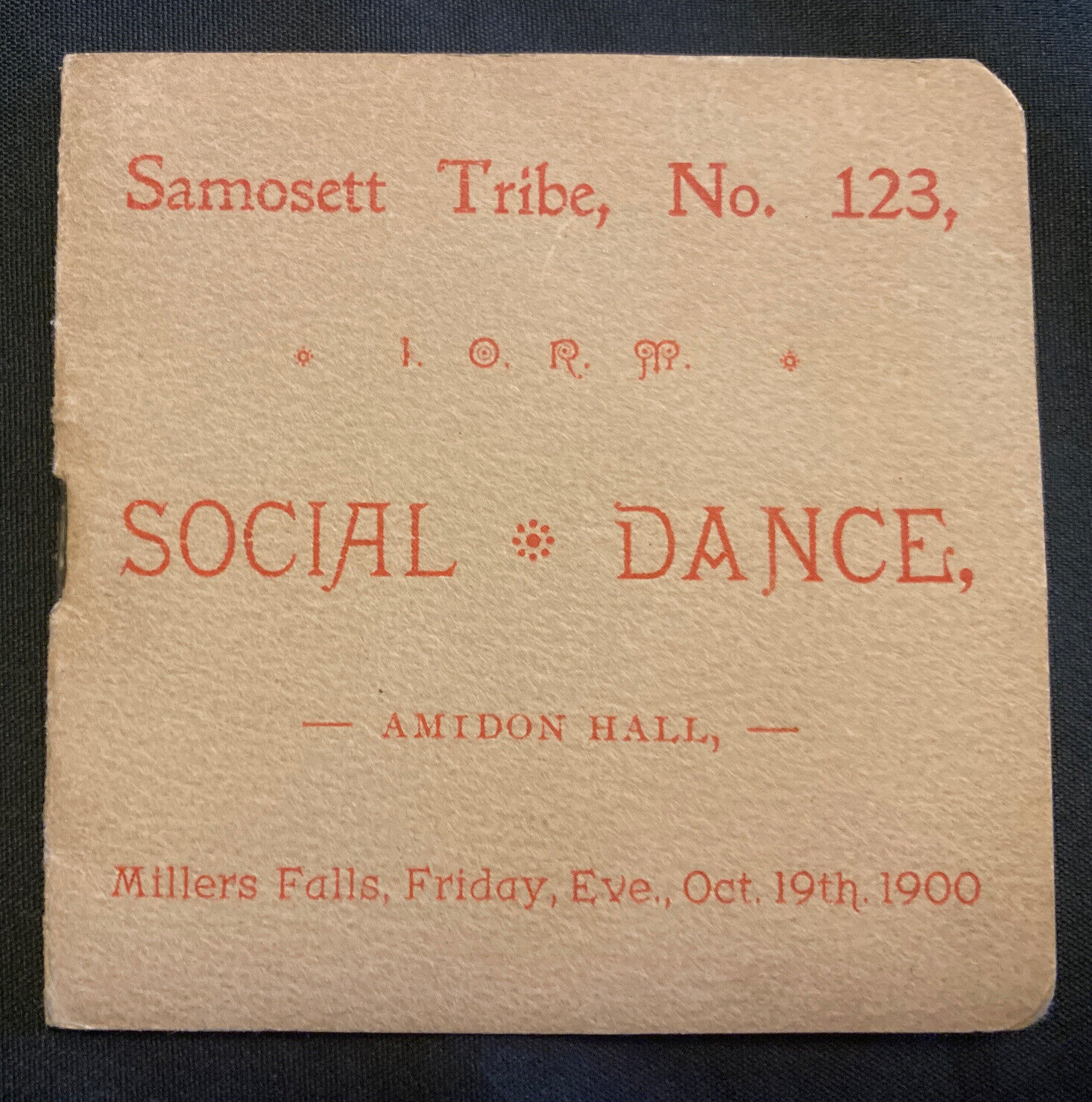 1900 SAMOSETT TRIBE No. 123 Social Dance Program MILLER FALLS MA Native American