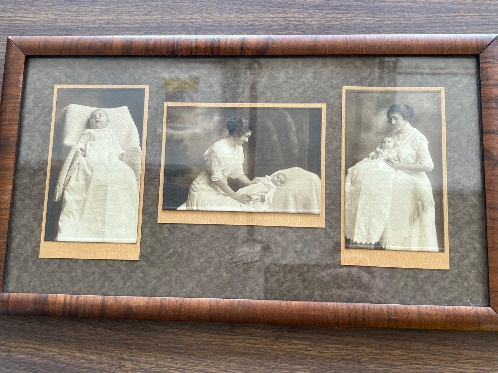 Antique Victorian Baby & Mother Picture Wood & Glass Frame Christening Gown