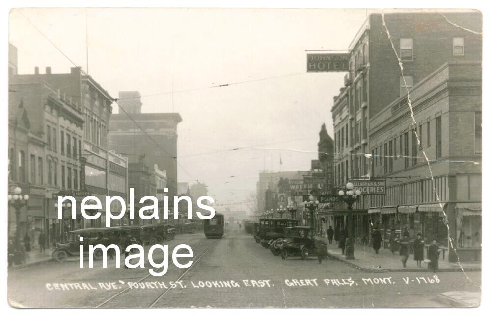 Montana, Great Falls - Central Avenue and Fourth Street, Cars, Hotels - RPPC