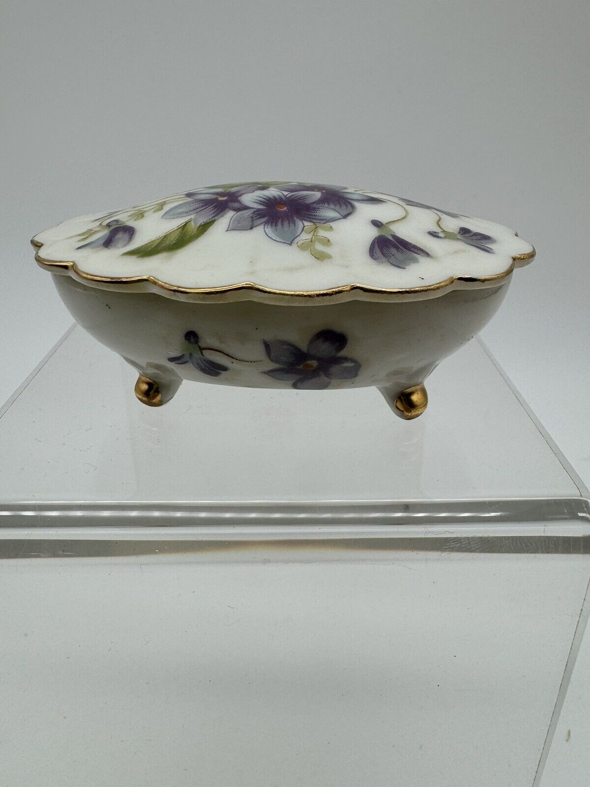 Vintage Trinket Box Ceramic Porcelain Violets Granny Chic