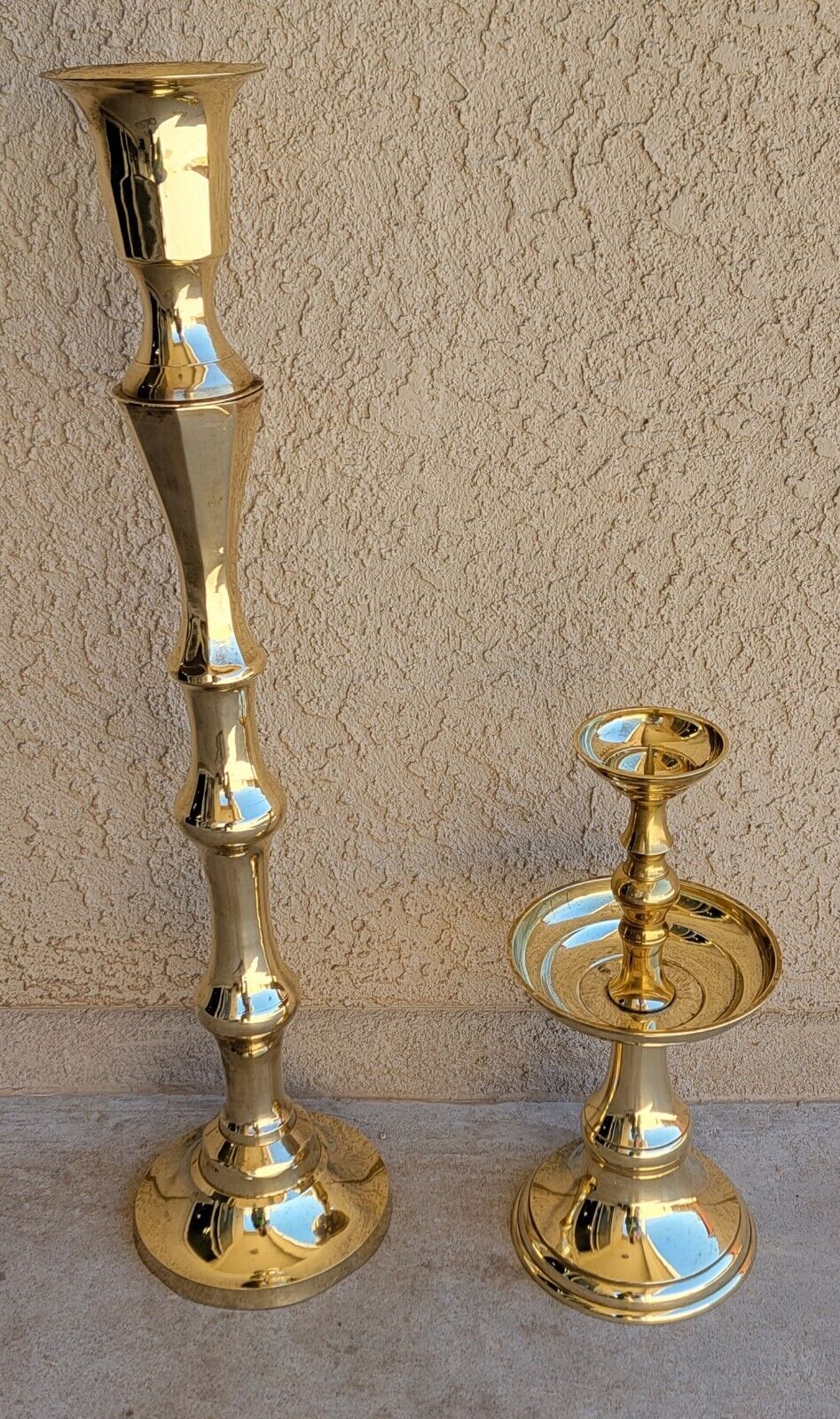 Vtg Solid Brass Pair (Large/Medium) of  Altar/Mantel Candle Holders