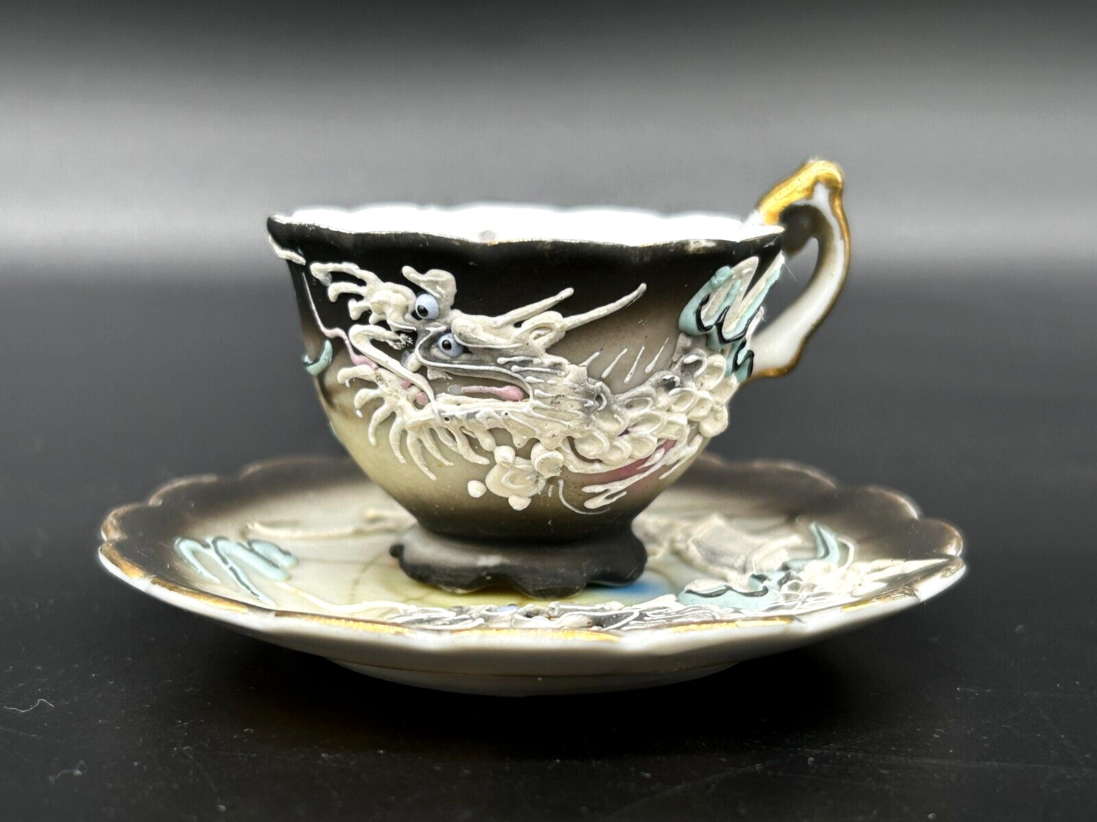 Vintage Minature Japan Dragonware Moriage Porcelain Footed Teacup And Saucer Set