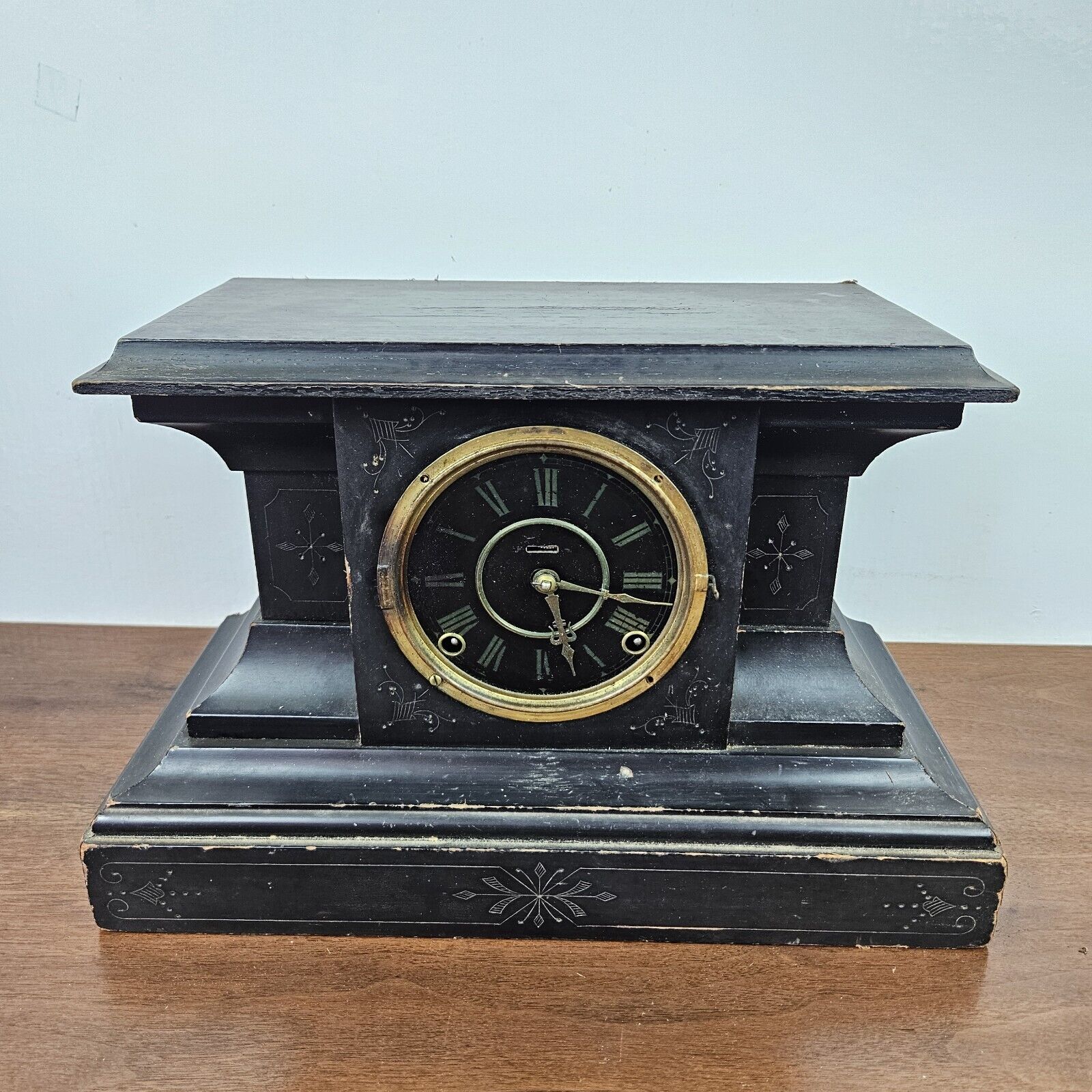 Antique Ingraham Black Mantle Clock.  For Parts Or Repair READ DESCRIPTION 