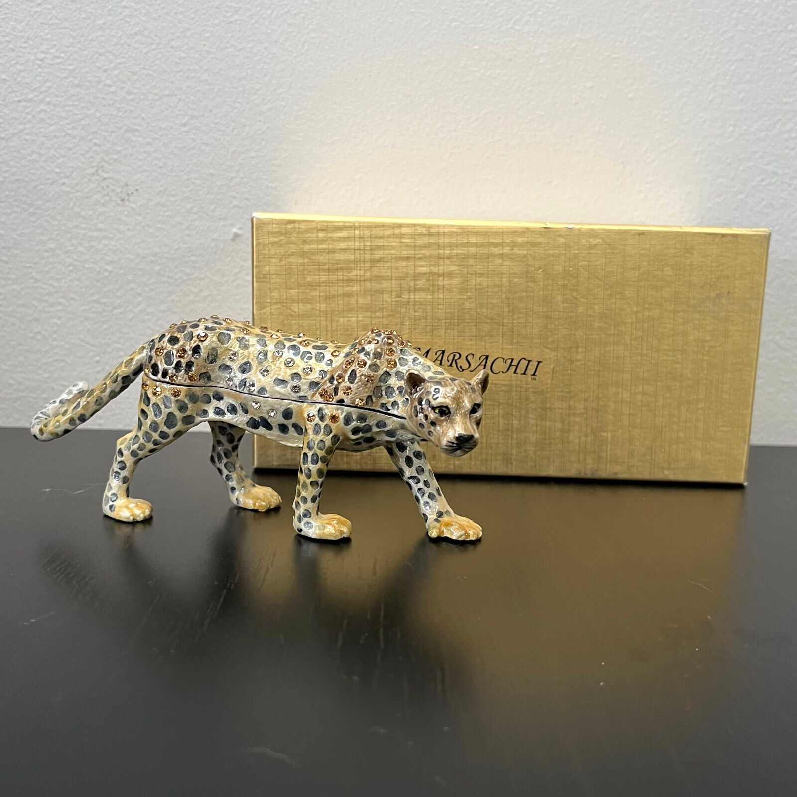 Marsachii Jaguar Jeweled Hinged Trinket Box 5.5in Mint in Box