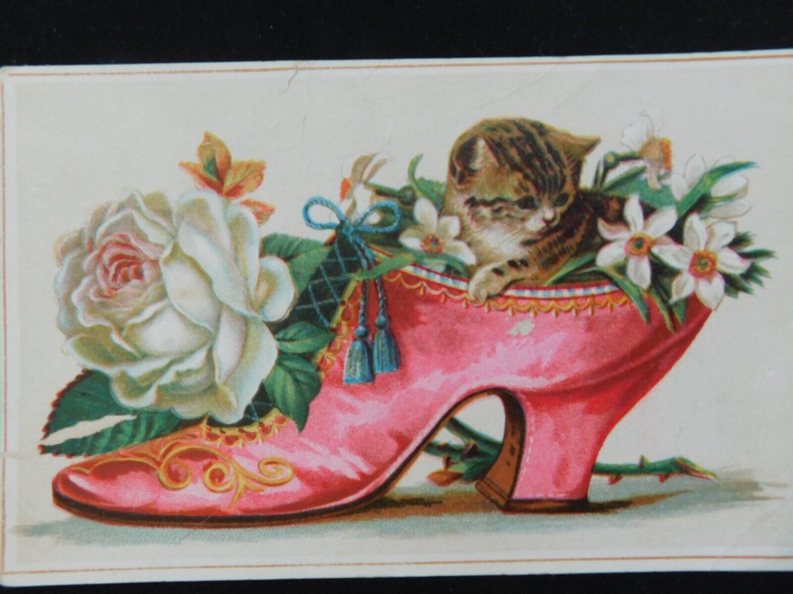 Victorian Era Circa 1900 Card with Pink Shoe, Kitten, Rose V618