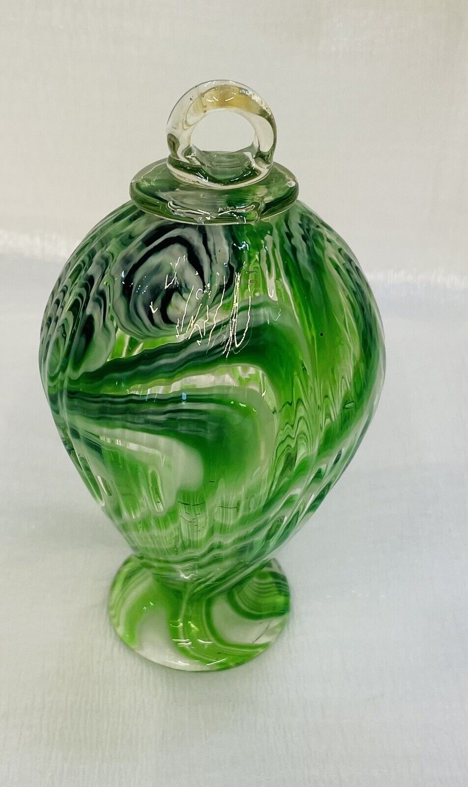 Large Hand Blown Glass Christmas Ornament, Green and White